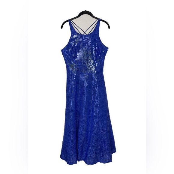 Y2K Vintage Sequin Sparkly Full Length Long Formal Prom Gown Blue - Picture 1 of 6
